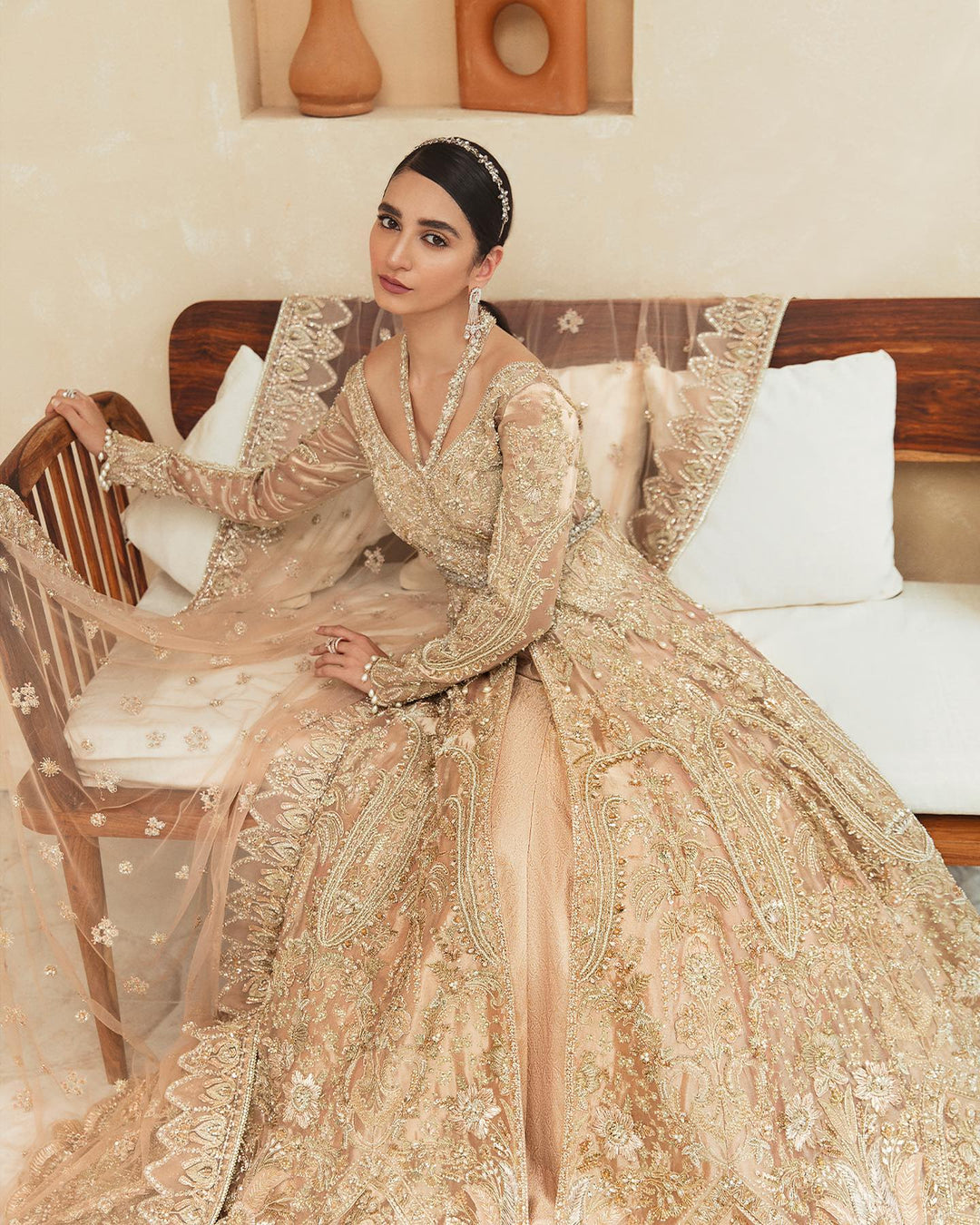 Elegant Open Pakistani Bridal Gown with Lehenga & Dupatta