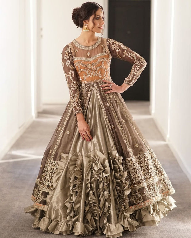 Open Pakistani Bridal Gown with Stylish Lehenga Dress