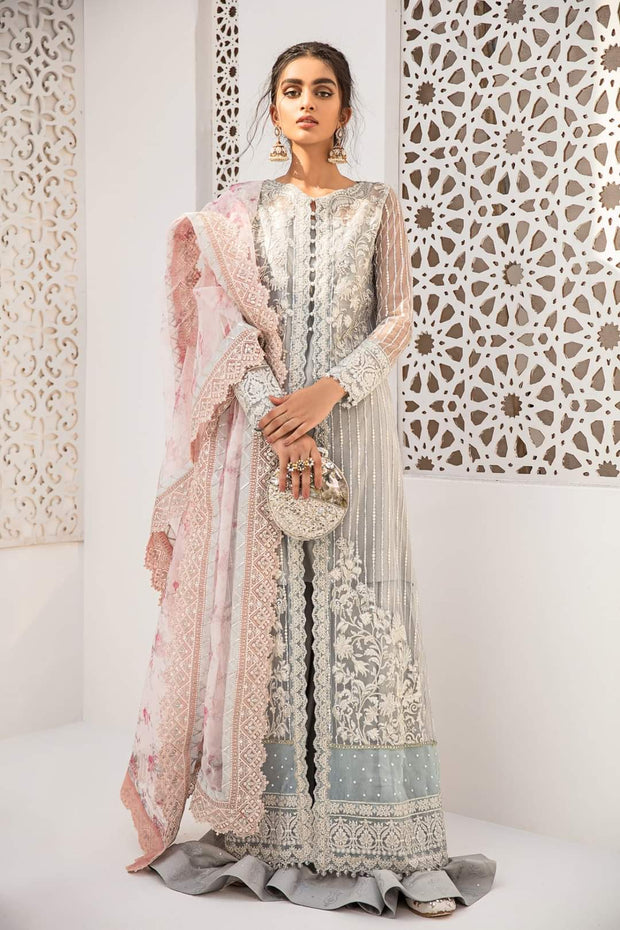 Open Shirt Organza Party Wear in Ice Blue Color Nameera by Farooq