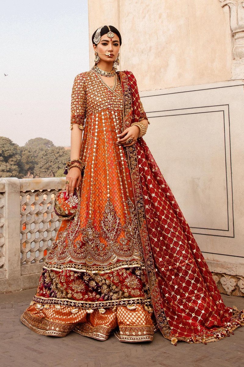 Elegant Orange Bridal Lehenga and Angrakha Frock