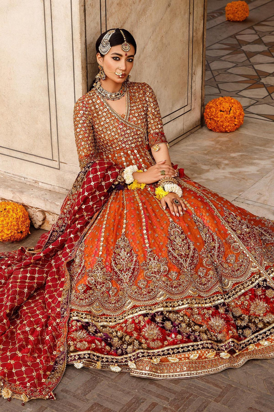 Elegant Orange Bridal Lehenga and Angrakha Frock