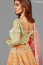 Orange Green Lehenga in Pakistani Designer Wear
