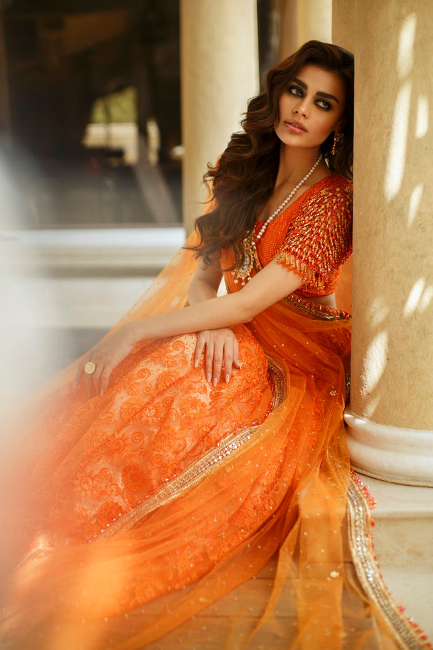 Orange Lehenga Choli Dupatta Pakistani Bridal Dress