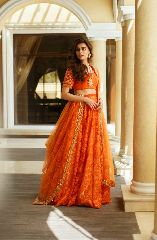 Orange Lehenga Choli and Dupatta Pakistani Bridal Dress