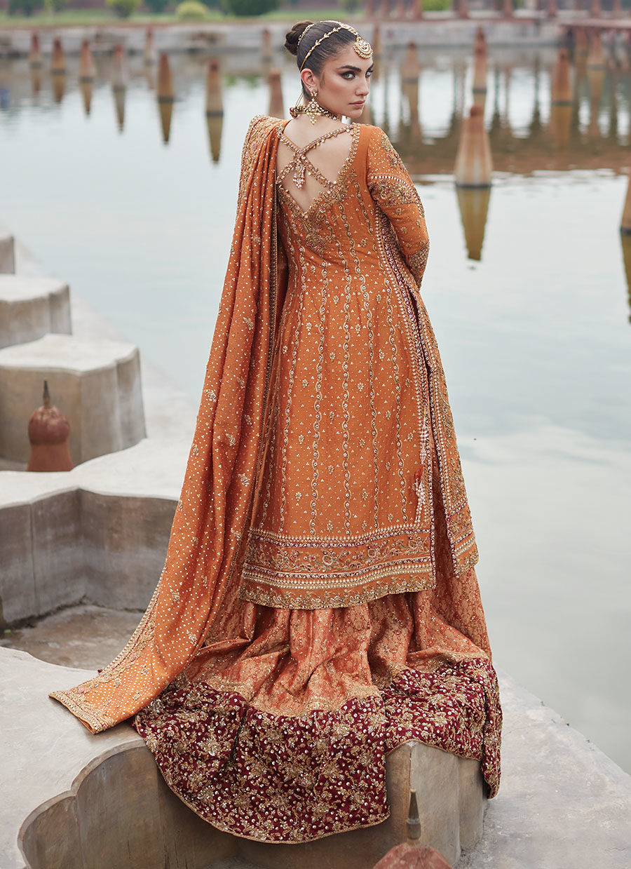 open lace back dress Orange Lehenga Designs Dress for Pakistani Bridal Wear – Nameera by Farooq