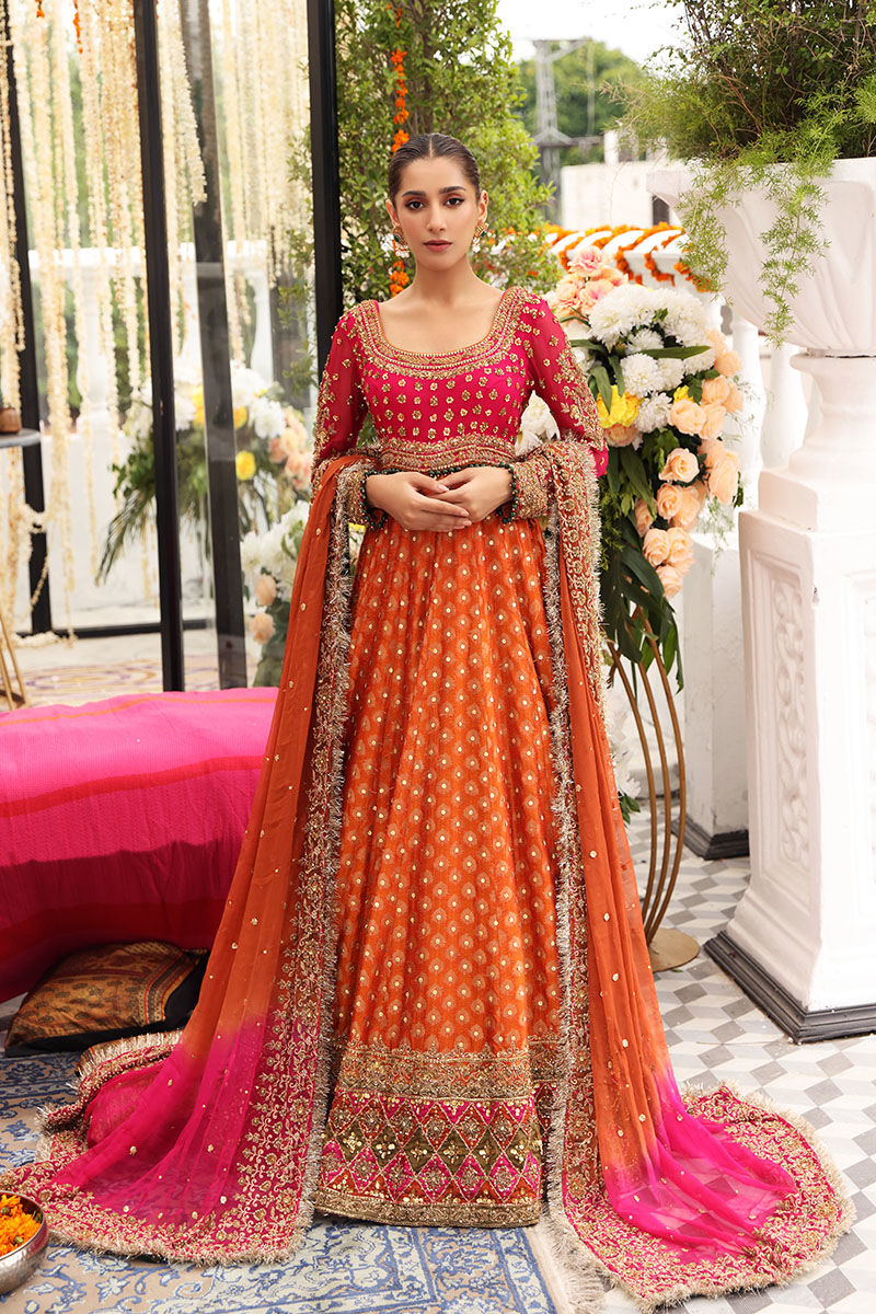 Orange Lehenga Skirt With Choli Pakistani Mehndi Wear Nameera by Farooq