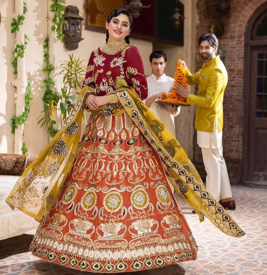 Luxury Orange Lehenga & Maroon Choli - Pakistani Bridal Dresses