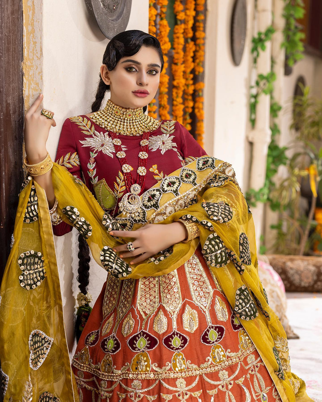 Luxury Orange Lehenga & Maroon Choli - Pakistani Bridal Dresses