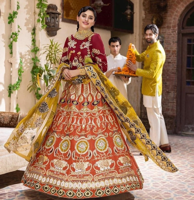 Orange Lehenga and Maroon Choli Pakistani Bridal Dress