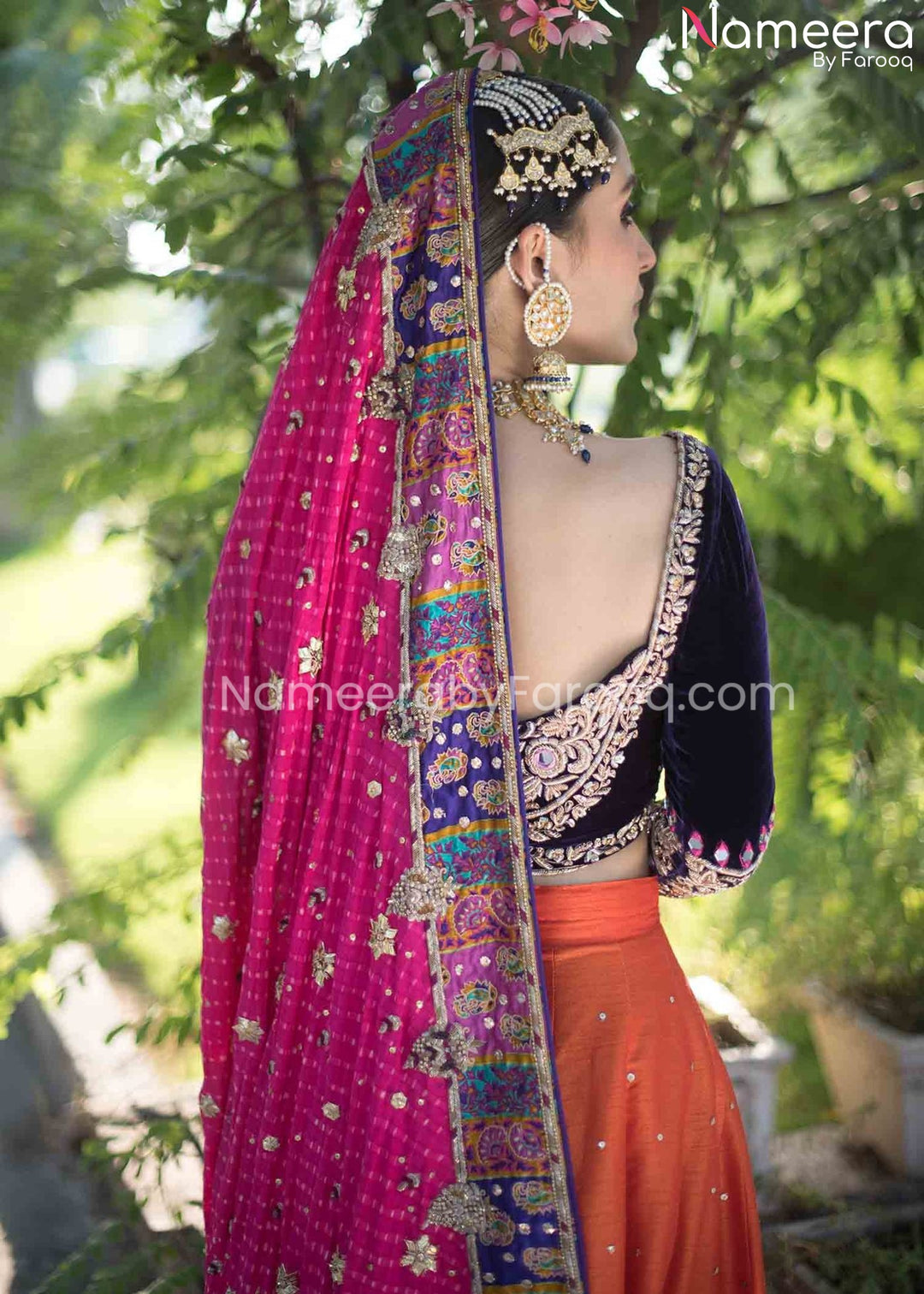 orange lehenga with blue blouse 2021