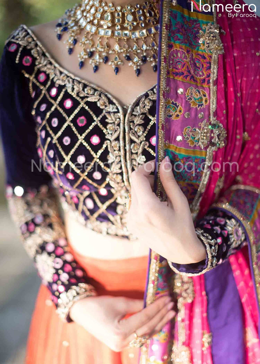orange lehenga with blue blouse online