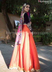 orange lehenga with blue blouse online 2021