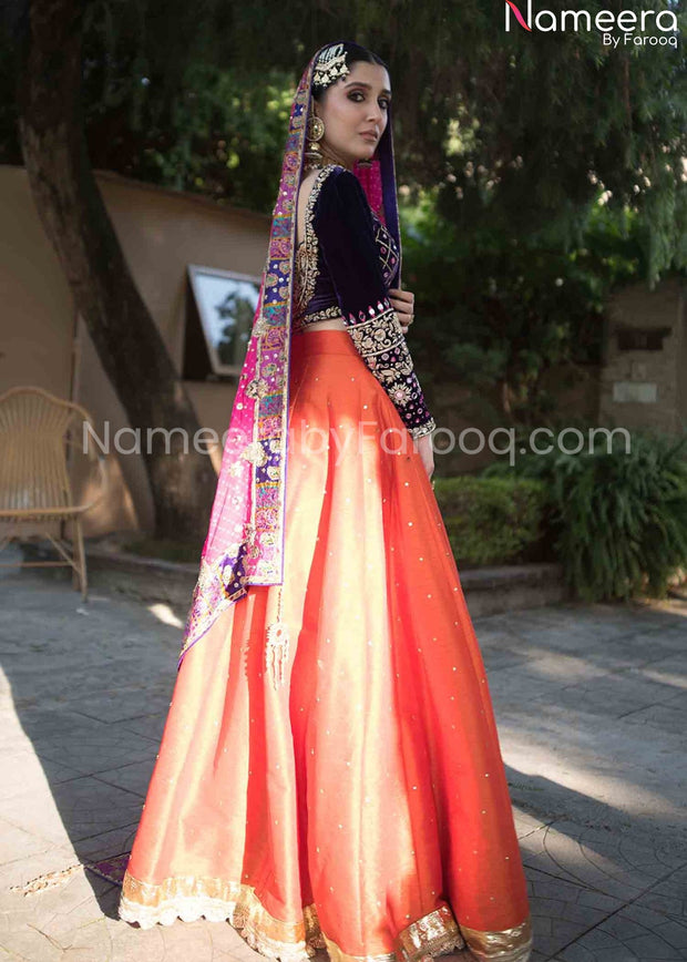 orange lehenga with blue blouse online 2021
