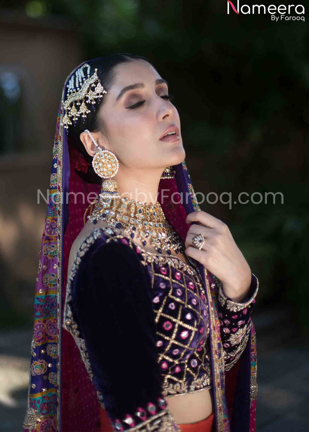 orange lehenga with blue blouse online