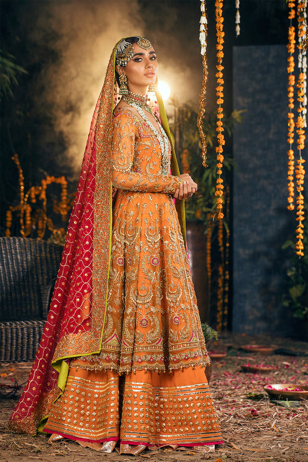 Orange Long Frock Lehenga for Pakistani Bridal Dress