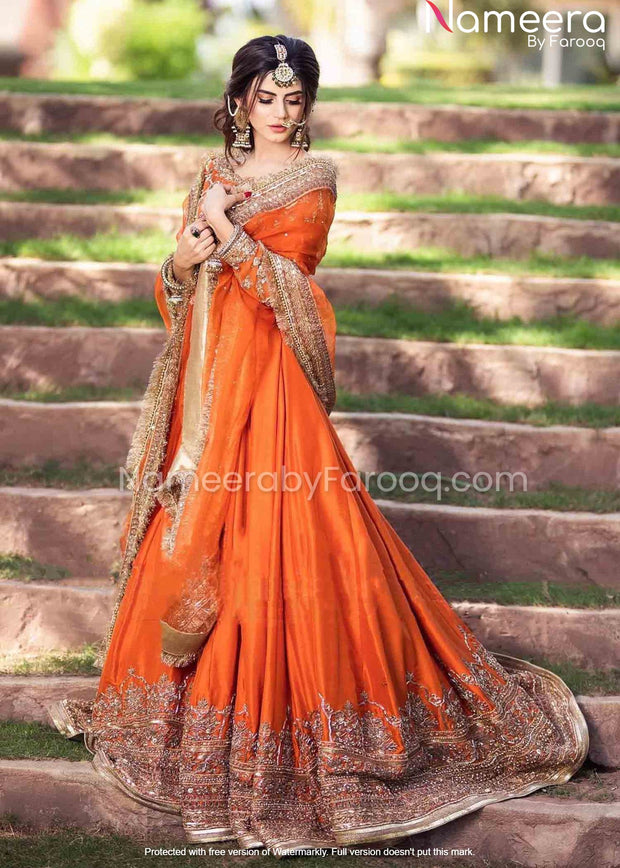 Orange Organza Pakistani Long Dress for Bridal 