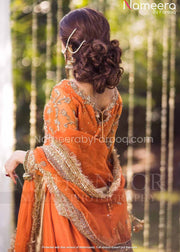 Orange Organza Pakistani Long Dress for Bridal 