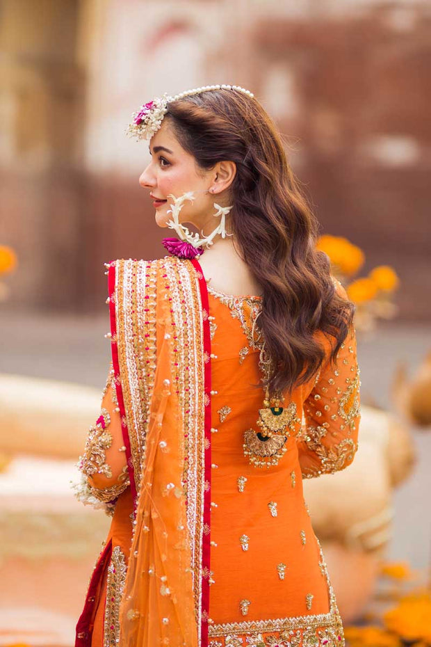 Orange Sharara Shirt Bridal Pakistani Mehndi Dress
