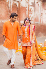 Orange Sharara Shirt Bridal Pakistani Mehndi Dresses