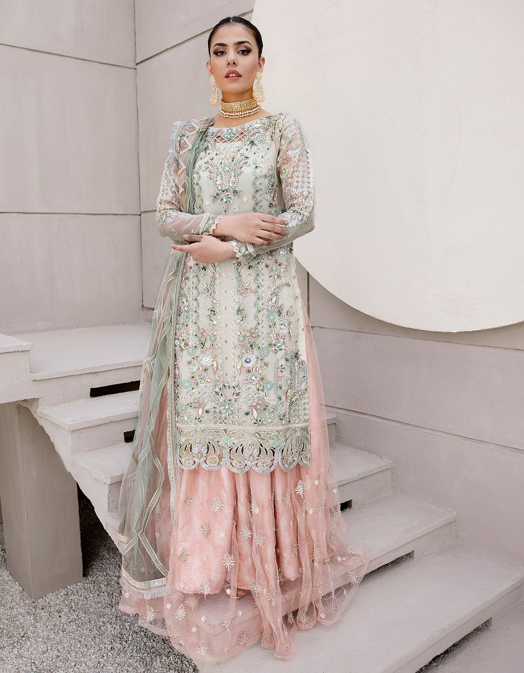 Organza Aqua Pink Salwar Kameez Pakistani Party Dresses