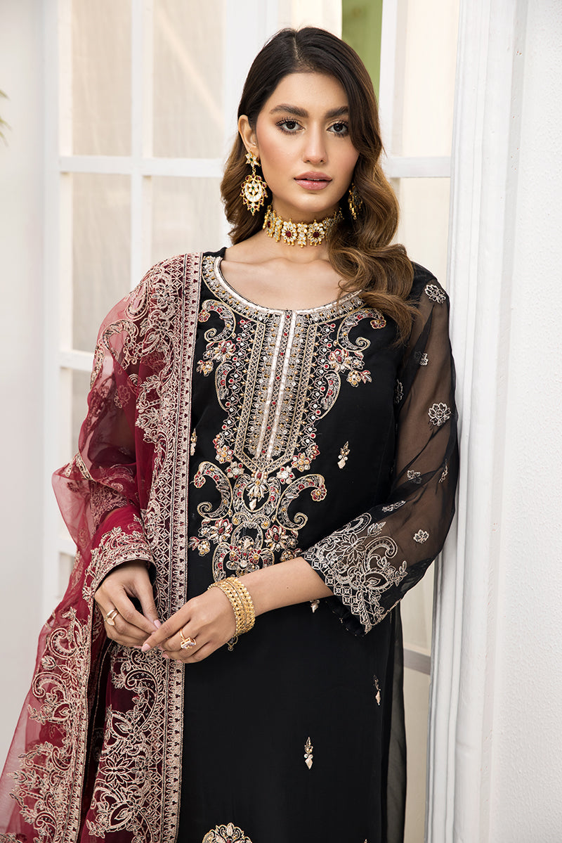 Organza Black Salwar Kameez with Red Dupatta