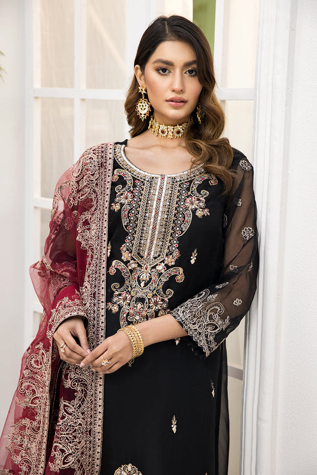 Organza Black Salwar Kameez with Red Dupatta