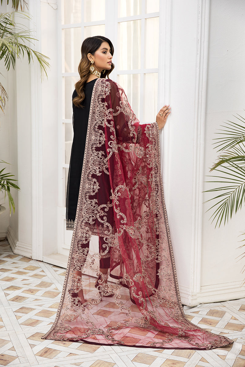 Organza Black Salwar Kameez with Red Dupatta Mosidh