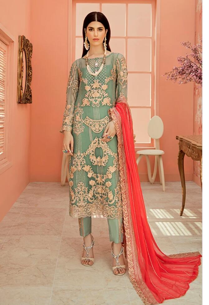Organza Party Wear in Green Color