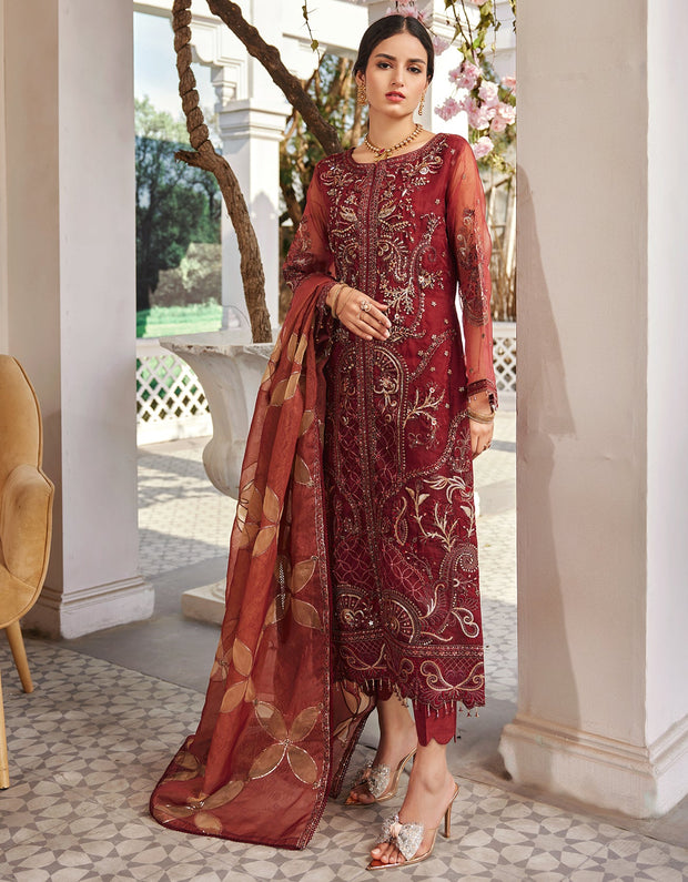 Organza Red Salwar Kameez for Pakistani Party Dress