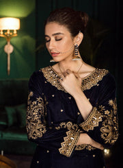 Beautiful Pakistani velvet embroidered party outfit in navy blue color # P2464