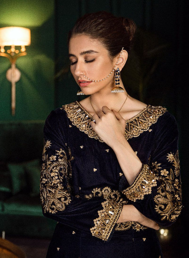 Pakistani velvet embroidered party outfit in blue color LARGE