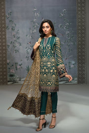 Pakistan Designer Chiffon Dress in Dark Green Overlook 