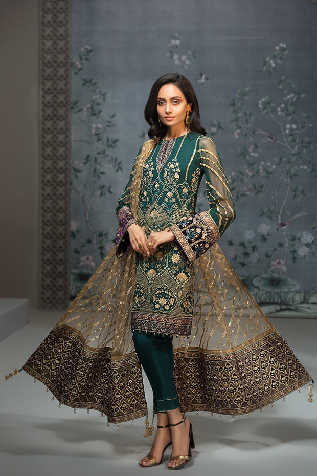 Pakistan Designer Chiffon Dress in Dark Green 