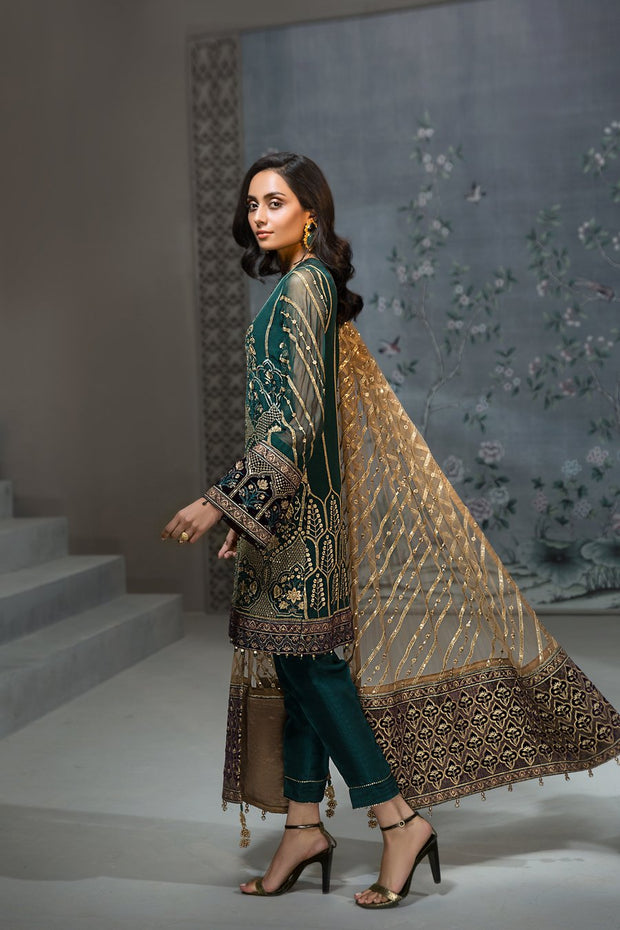 Pakistan Designer Chiffon Dress in Dark Green Backside