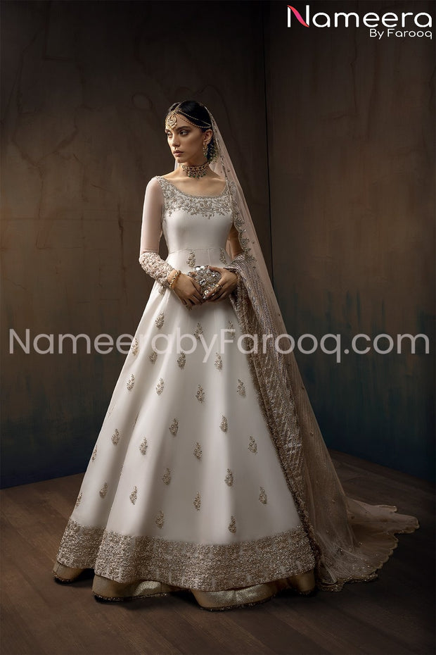 Pakistani Anarkali White Frock with Embroidery 