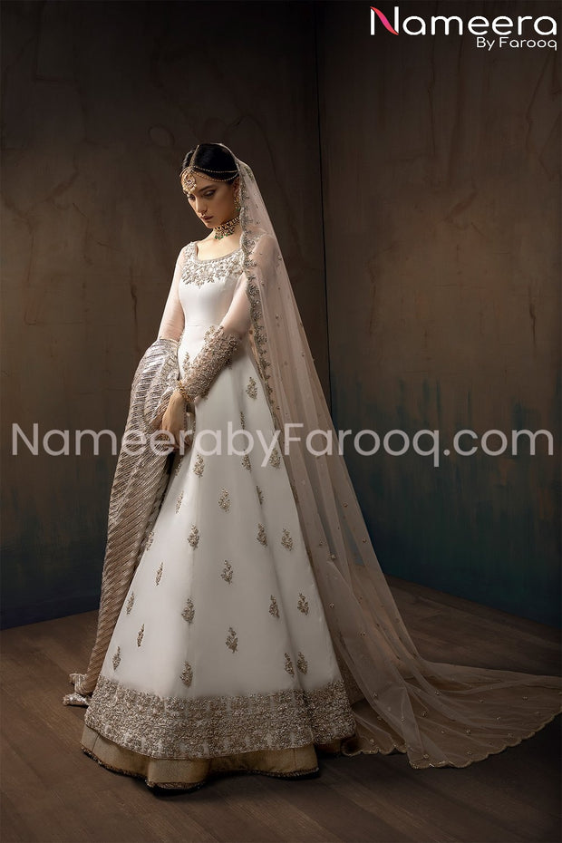 Buy Pakistani Anarkali White Frock with Embroidery Online Nameera by Farooq