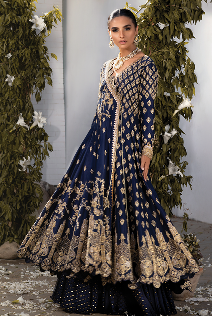 Pakistani Angrakha Frock with Lehnga In Blue Color – Nameera by Farooq