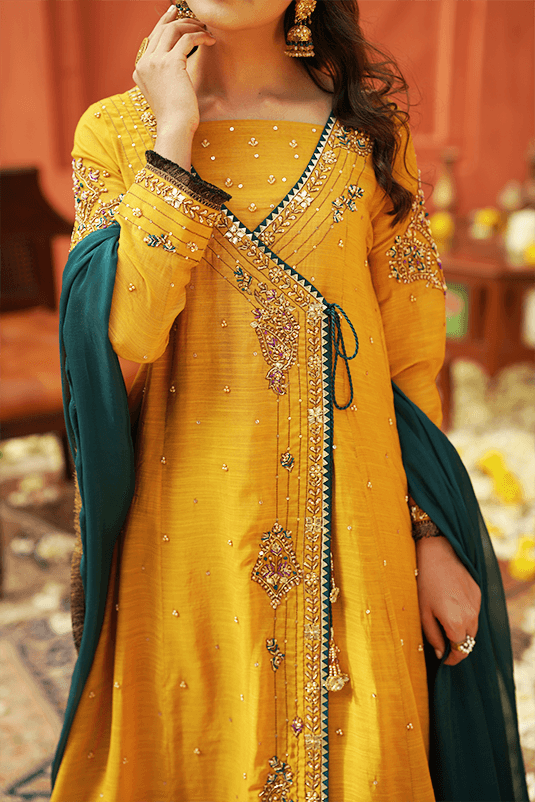 Latest Pakistani Angrakha Style Frock in Ochre Yellow 2022 Nameera by Farooq Latest Pakistani Angrakha Style Frock in Ochre Yellow 2022 Nameera by Farooq