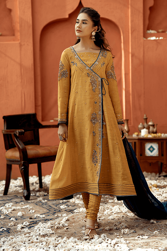 Pakistani Angrakha Style Frock in Ochre Yellow PF431