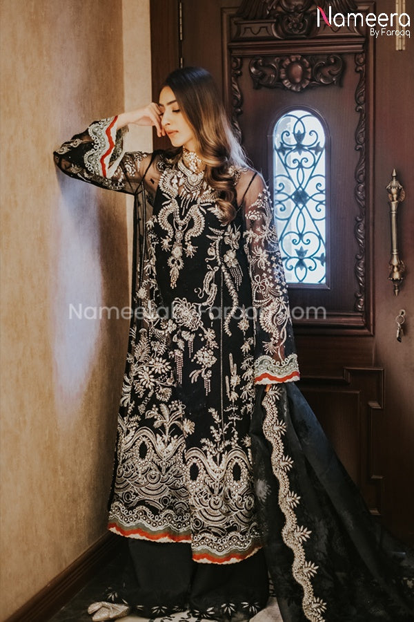Pakistani Black Party Wear Dress with Embroidery Overall Look