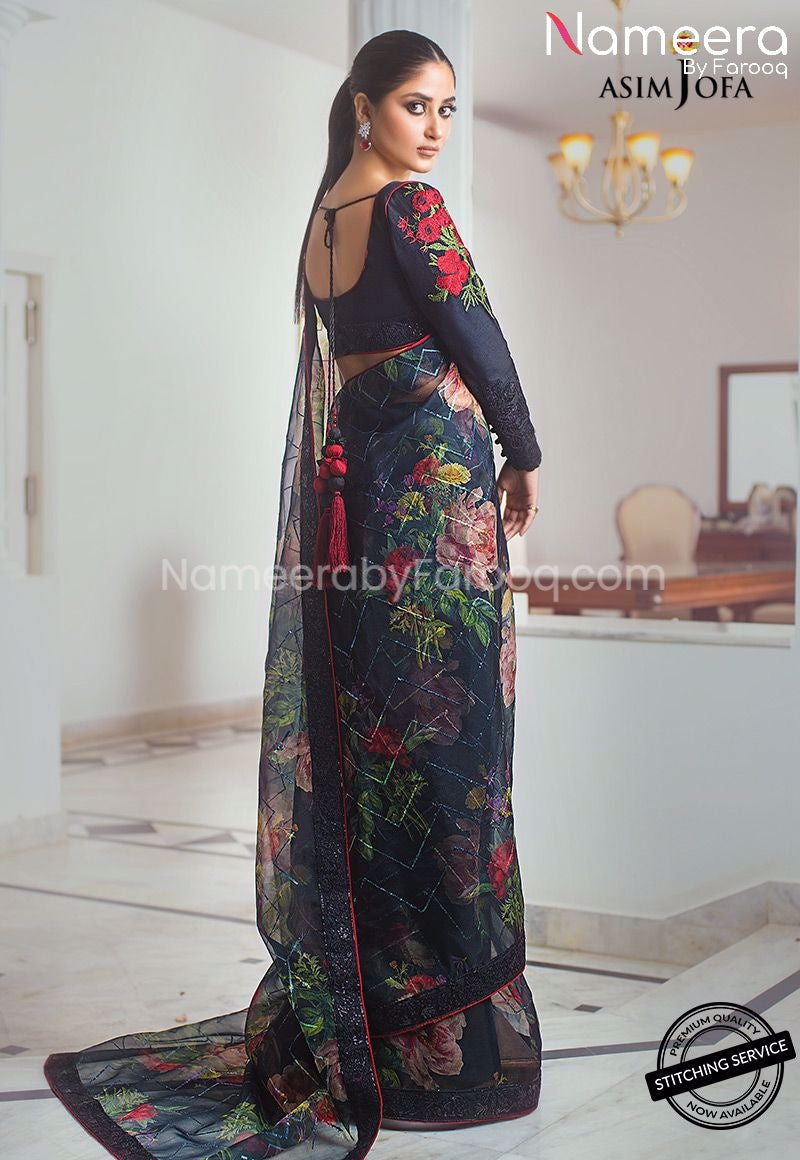 Pakistani Black Saree for Wedding Party Online Backside Look