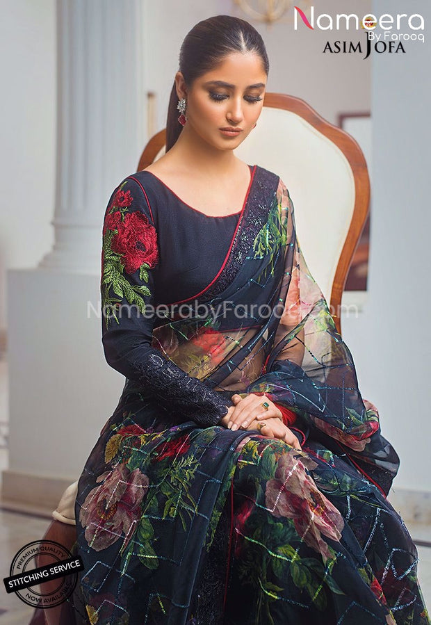 Pakistani Black Saree for Wedding Party Online Sleeves Embroidery
