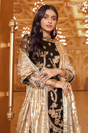 Pakistani Black Sequin Party Dress for Women Golden Dupatta