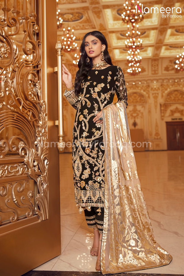 Pakistani Black Sequin Party Dress for Women Front Look