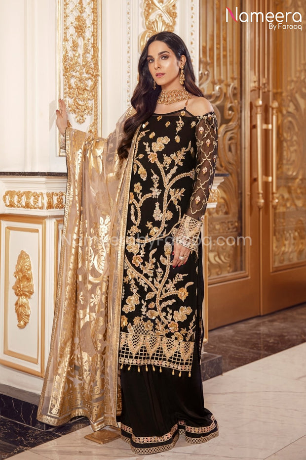 Pakistani Black Sequin Party Dress for Women  Sleeves Look