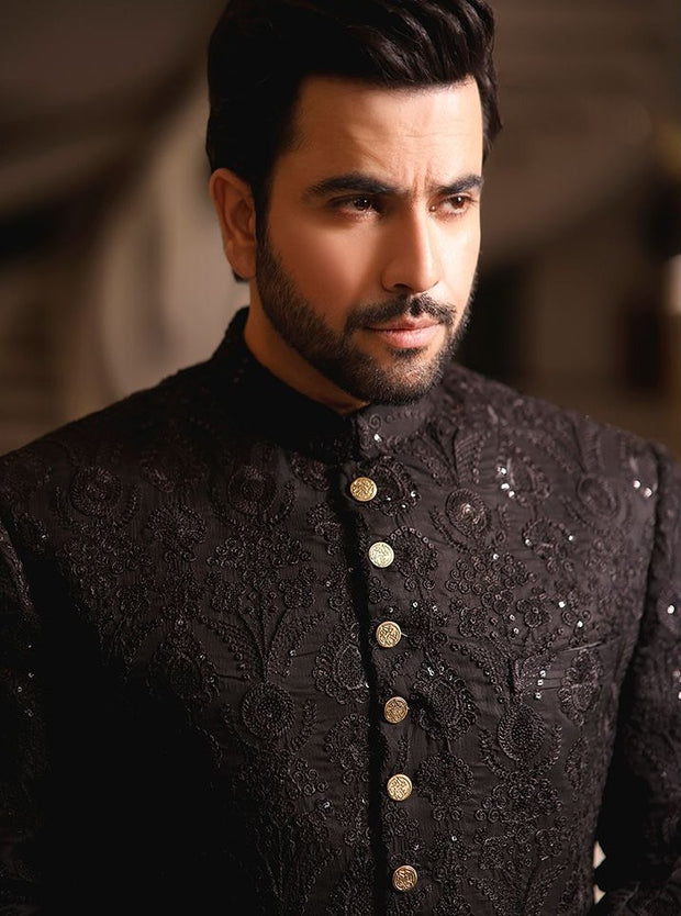 Pakistani Black Sherwani for Men Designer Dress for Wedding Nameera by Farooq Pakistani Black Sherwani for Men Designer Dress for Wedding Nameera by Farooq