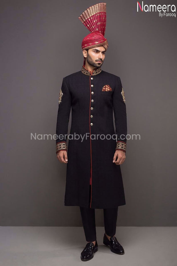 Pakistani Black Sherwani for Men with Dabka 2021 Overall Look