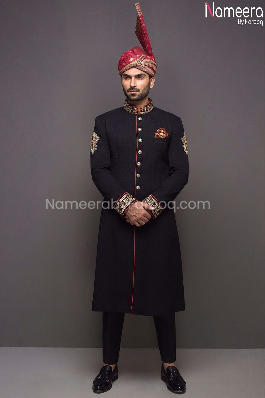 Pakistani Black Sherwani for Men with Dabka 2021