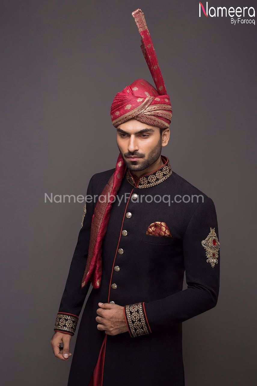 Pakistani Black Sherwani for Men with Dabka 2021 Closeup Look