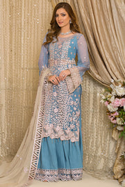 Pakistani Blue Dress in Embroidered Chiffon Kameez and Raw Silk Trousers for Eid